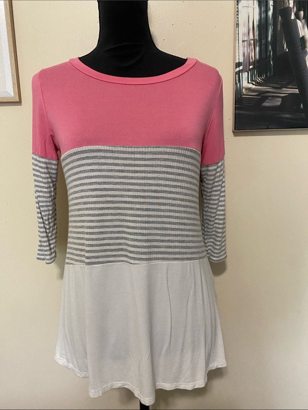 Luna Pink & Gray Striped Colorblock Tunic Top Sz Small